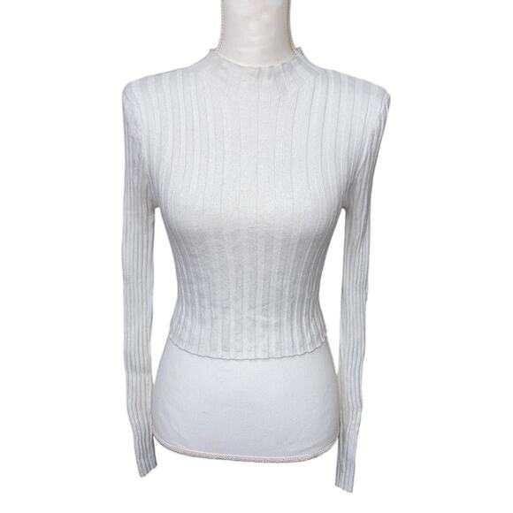 White Ribbed Knit Long Sleeve Crop Top Mock Neck Medium Classic Preppy 90s Basic - Picture 1 of 8